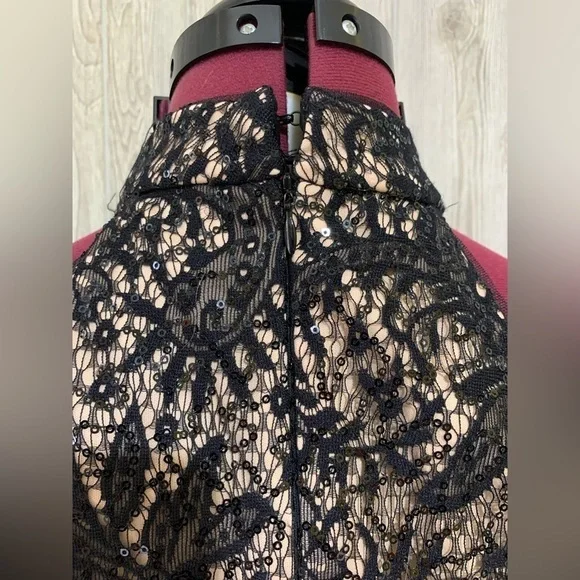 NWT Xscape Black and Nude Lace Pleated Skirt Halter Evening Cocktail Dress Sz 10 - Picture 9 of 16